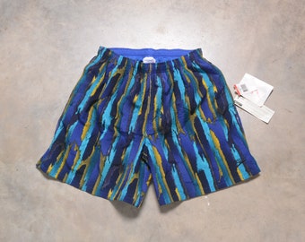 vintage 00s Speedo shorts blue gold abstract print bathing suit swimsuit 28-38 waist size M medium