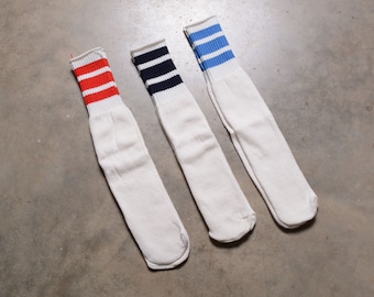 vintage 80s tube socks red blue navy stripe 1980 athletic sport gym tennis roller derby rollerskate 18" NOS deadstock