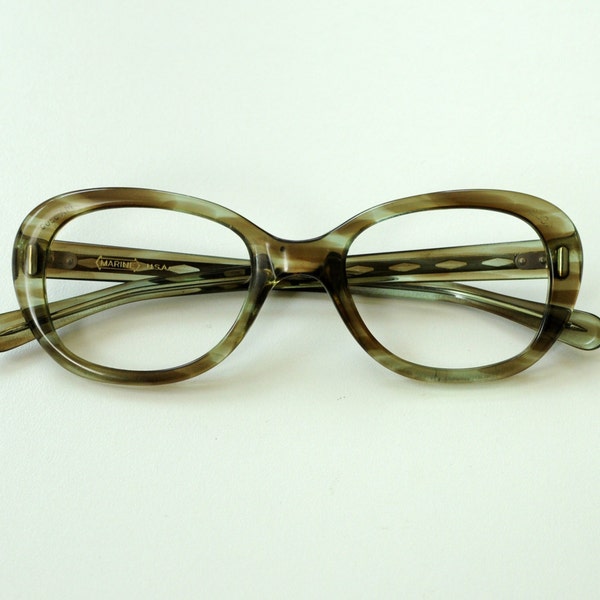 60s vintage glasses oversize cat eye chunky plastic olive green brown clear eyeglasses Marine USA