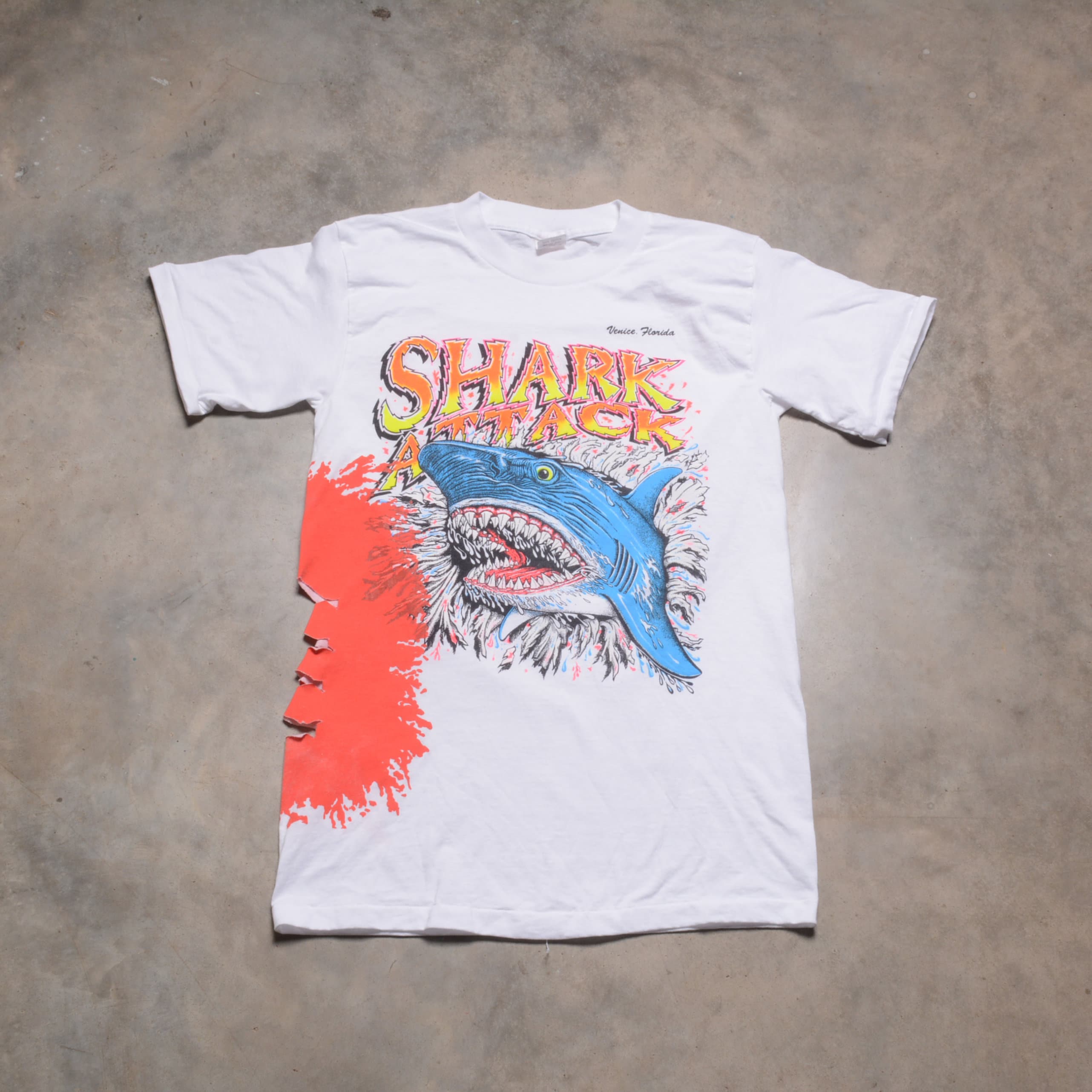 Vintage 80s Shark Attack T-shirt Ripped Blood Stained Tee Shirt