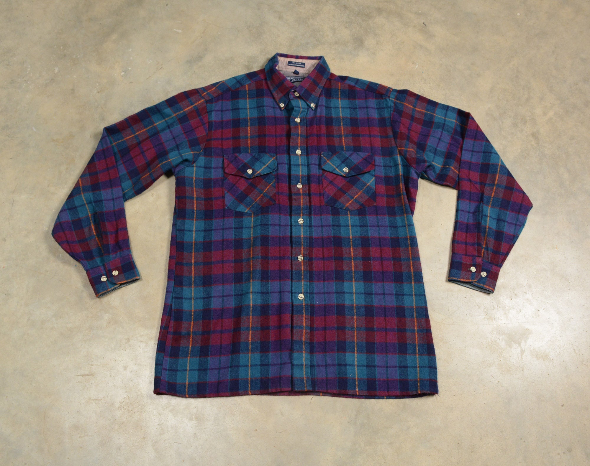 purple and yellow plaid shirt