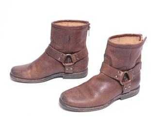 vintage 90s 00s Frye bottes de moto harnais ingénieur en cuir marron en détresse femmes taille 6B orteil rond 76871