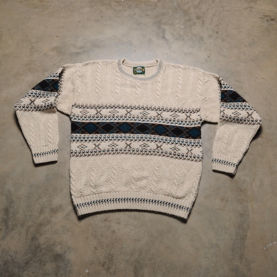 Vintage 90s Jantzen Sweater Snowflake Argyle Cable Knit 1990 Men 