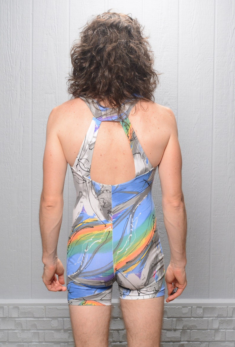 vintage 80s 90s workout outfit spandex unitard leotard aerobics gym abstract rainbow squiggle swirl pattern Marika ML GLOW