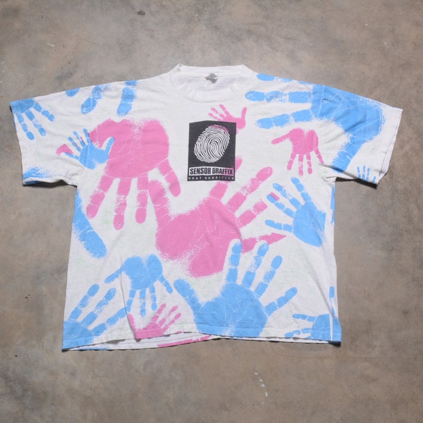 vintage 90s Sensor Graffix t-shirt thermo-chromatic Hypercolor color changing hand print tee shirt pink blue white XL XXL