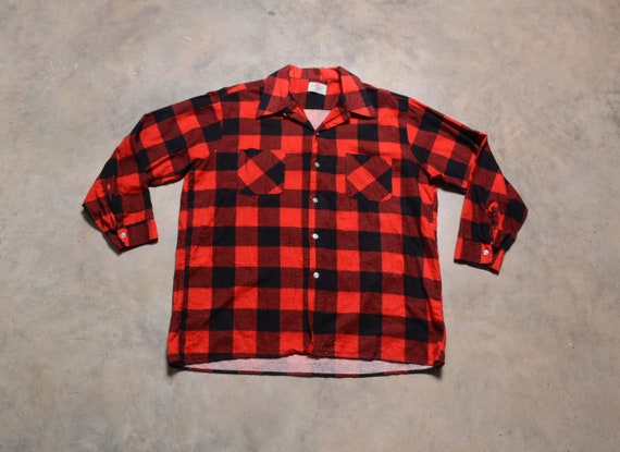 Vintage 60s Big Donlin Flannel Shirt Red Black Plaid Check