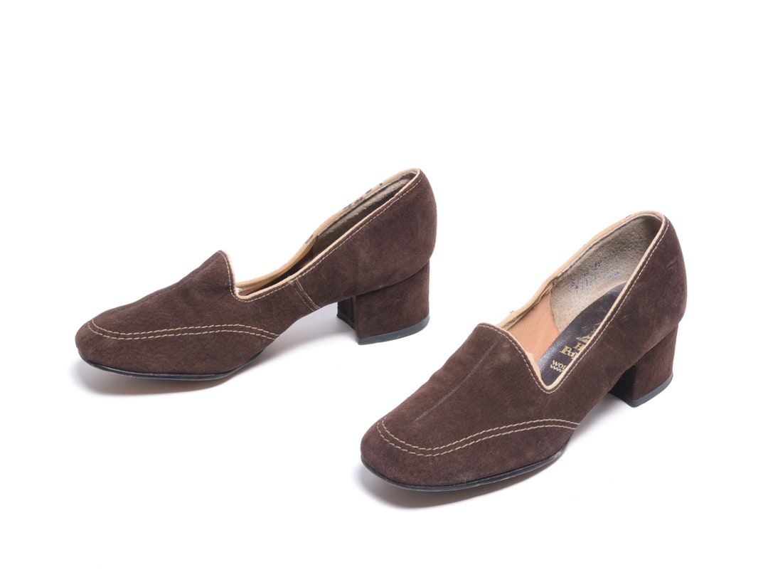 Vintage 70s Hush Puppies Block Heel Loafer Brown Suede Women Etsy