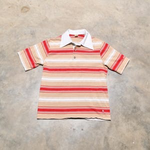 vintage 70s Hang Ten polo shirt white collar red white tan stripe S/M 1970 surf beach ocean skate