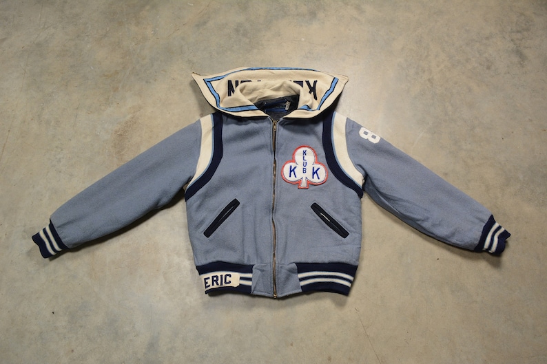 vintage 80s varsity jacket letterman jacket blue gray 1980 hooded letter jacket Kenston soccer Eric Holloway USA M/L image 3