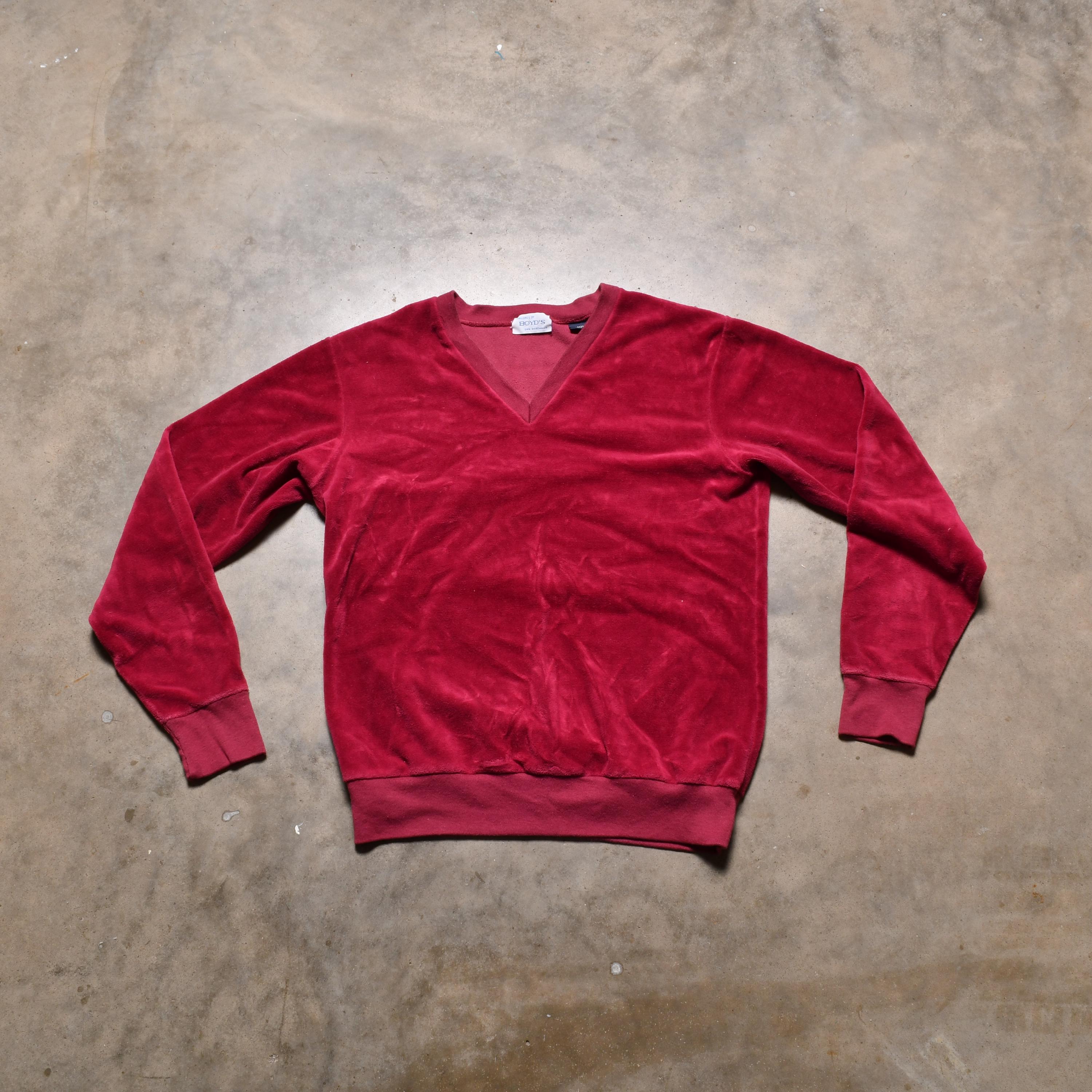 V Neck Red Velvet Sweater Mens Vintage 70s Velour Top Maroon