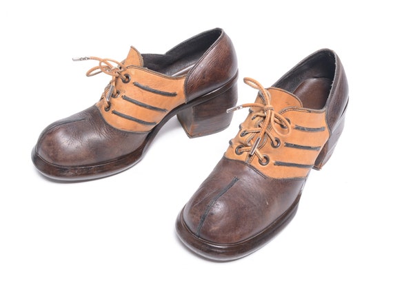 Vintage 70s Platform Shoes Men High Heel Glam Rock Brown Tan Two