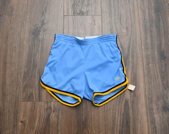 vintage 70s gym shorts Russell Athletic light blue yellow black stripe 1970 XXS/XS nylon sheer
