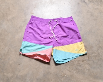 vintage 80s board shorts 1980 Hobie swim trunks pastel color block bathing suit swimsuit size 36