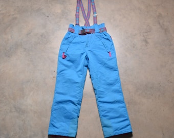 vintage 90s Degre 7 bib ski pant light blue rainbow stripe suspender 1990 retro skiwear 30-34 waist M medium Made in France