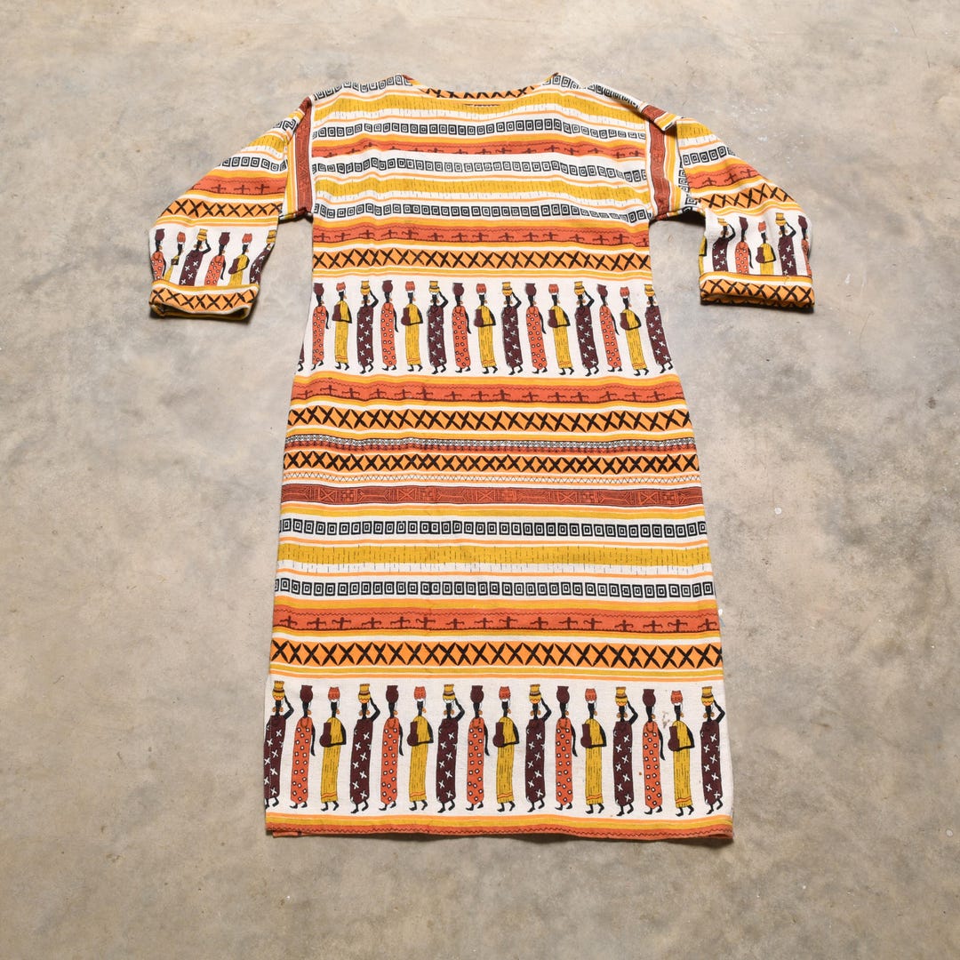 ヴィンテージ 70 年代 アフリカン ドレス ブラック ホワイト オレンジ