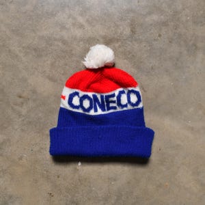vintage 70s Coneco knit ski cap winter hat pom beanie 1970 red white blue trucking equipment