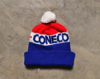 vintage 70s Coneco knit ski cap winter hat pom beanie 1970 red white blue trucking equipment