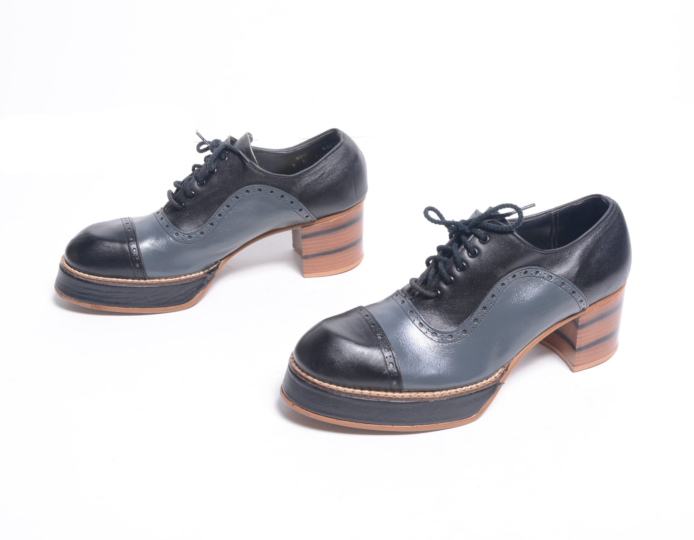 Vintage 70s Platform Shoes Men High Heel Glam Rock Black Gray Two