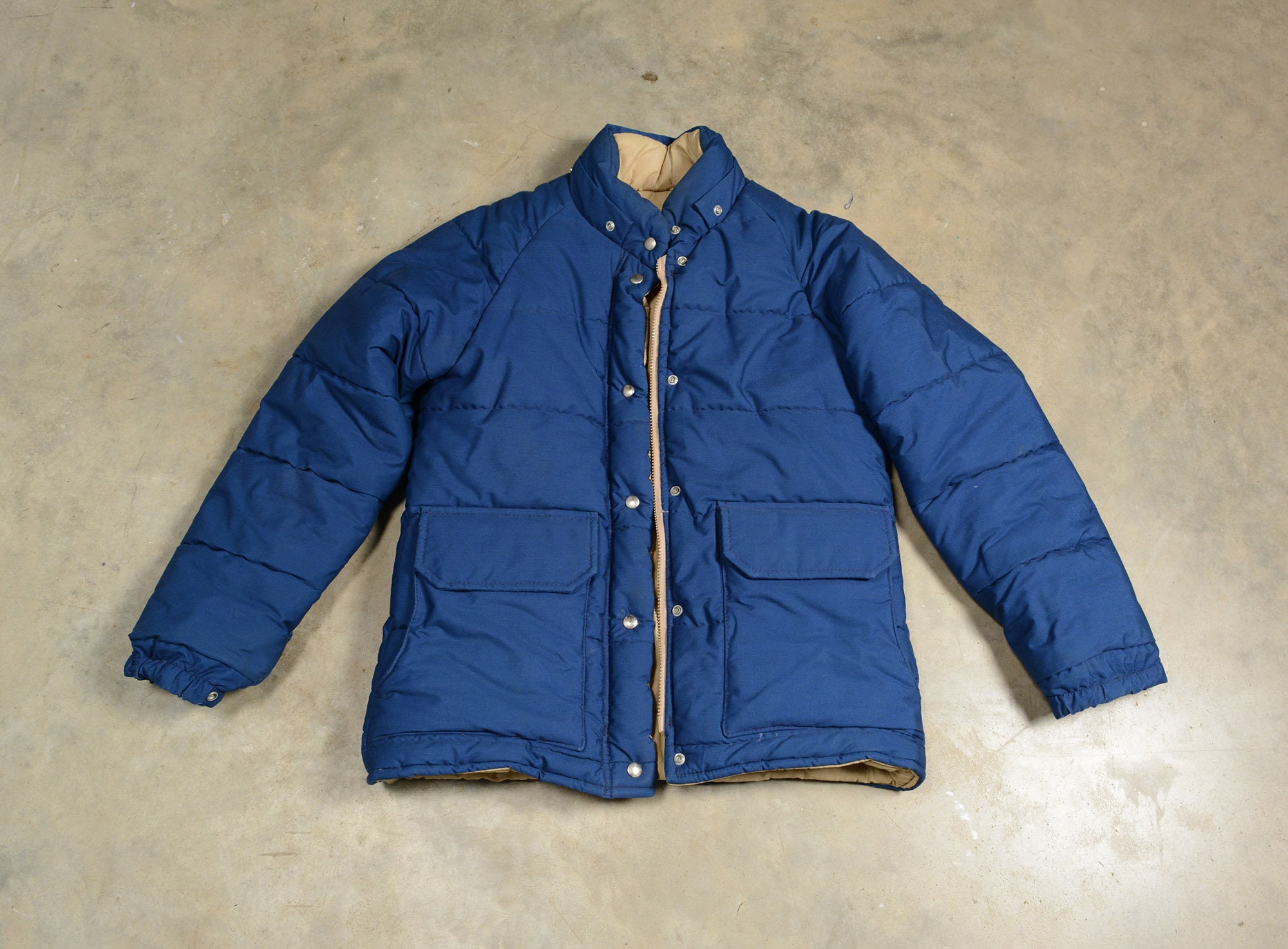 Vintage 70s LL Bean Faux Down Jacket Nylon Puffy Navy Blue
