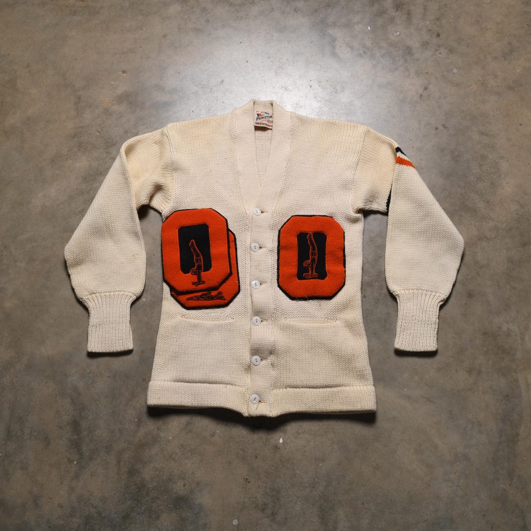 Vintage 50s Varsity Sweater White Orange V-neck Cardigan Letter