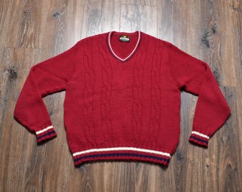 vintage 70s v-neck sweater 1970 men women unisex ski skiing retro burgundy white blue 1970 men women unisex XL