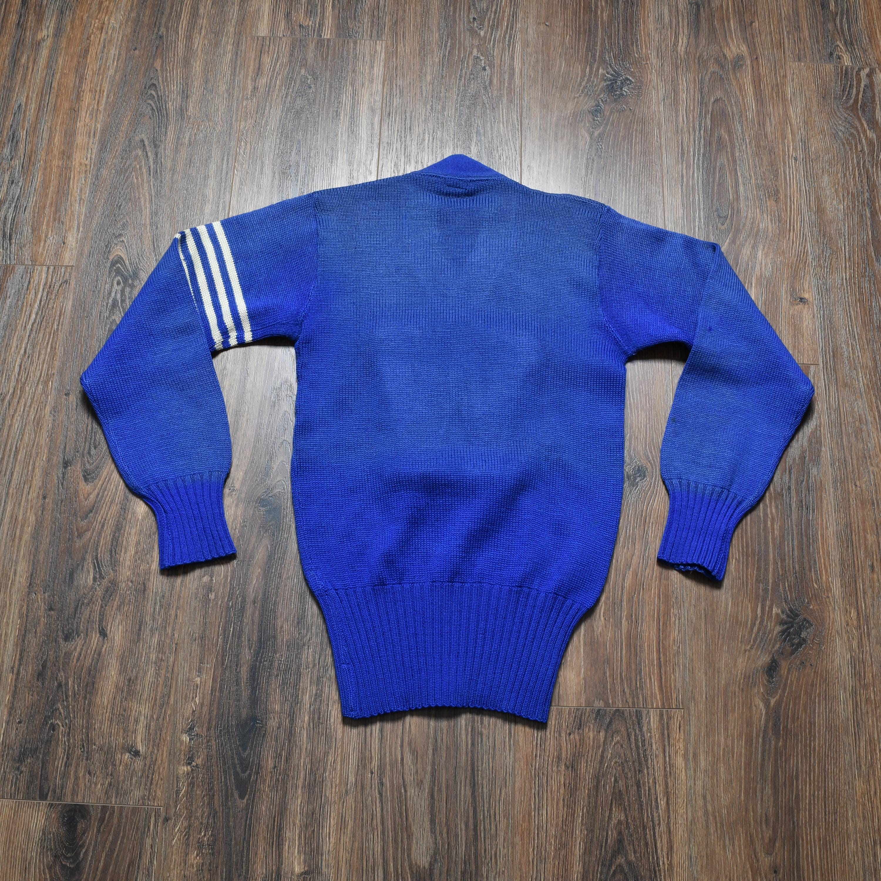 Vintage 30s 40s Varsity Sweater Blue Wool V-neck Letter Letterman 