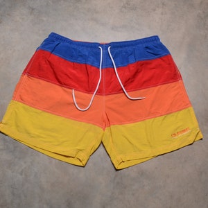 vintage 90s Tommy Hilfiger board short red yellow orange blue rainbow stripe 1990 swimsuit bathing suit 38-44 waist XL