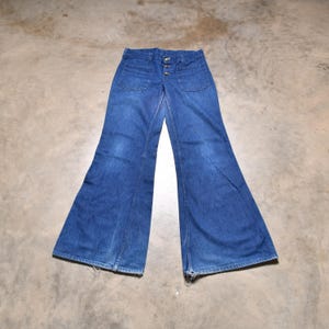 vintage 60s bellbottom jeans soft distressed denim flare hippie boho pants navy sailor 32 low rise button fly