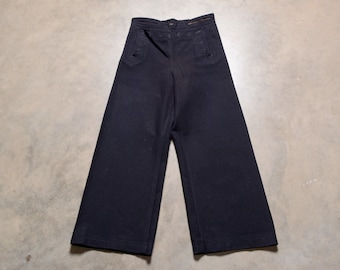 vintage 40s crackerjack navy pants bellbottom button bib front 1940 wide leg felted wool uniform trouser 29 waist