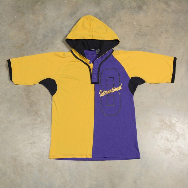 vintage 90s hooded shirt short sleeve t-shirt hoodie 1990 street style hip hop Urban Attitude XS/S boys M 12/14 youth purple yellow Lakers