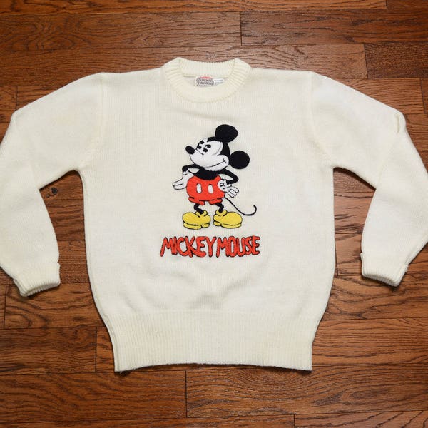 vintage 70s Mickey Mouse sweater raised embroidered nubby Character Fashions 100% acrylic L/XL 1970 vintage Disney jumper cream white