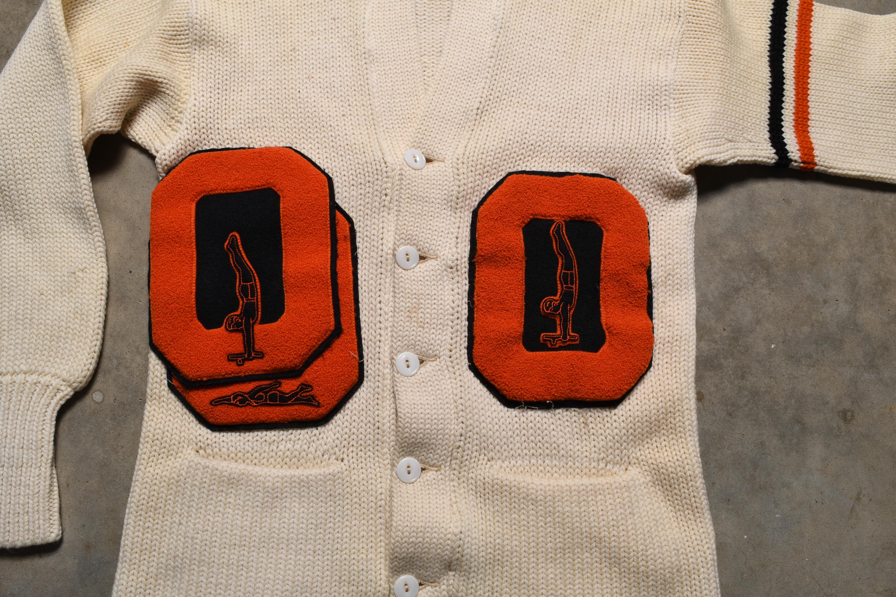 Vintage 50s Varsity Sweater White Orange V-neck Cardigan Letter