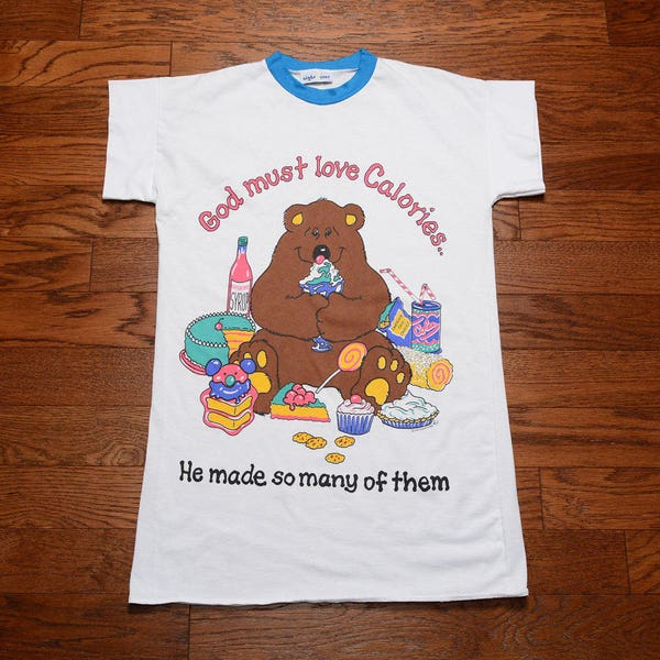 vintage sleep shirt night shirt God Must Love Calories He Made So Many Of Them eating foodie diet 80s 1980 vintage t-shirt bear Night Star