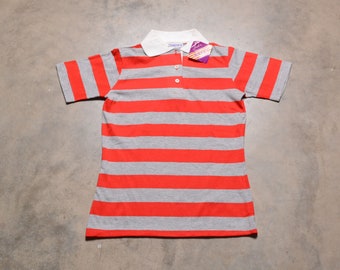 vintage 70s polo shirt Just a Min-Knit women knit top red gray stripe NOS deadstock Rugger S/M