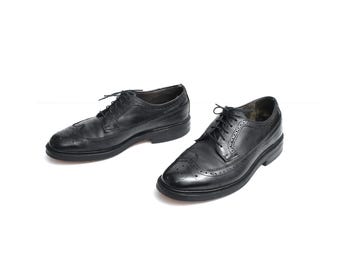 vintage 60s 70s Sears brogue oxford buty wizytowe czarne skórzane 1960 1970 męskie odzież męska rozmiar 8.5 EE szeroki USA