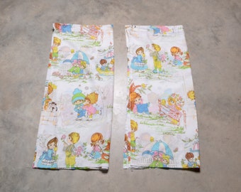 vintage 70s curtains Holly Hobbie Strawberry Shortcake style 1970 home decor girl boy bedroom 4 panels 29x36