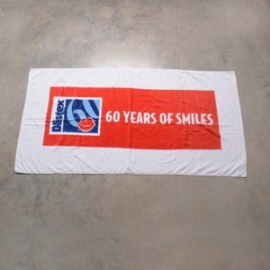 vintage 00s beach towel Blistex 60 Years of Smiles red white blue beach house home decor pool party