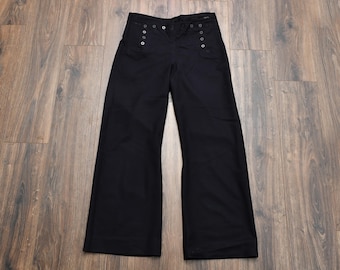 Pantalones de marinero vintage de los años 40, estilo crackerjack, azul marino, con peto delantero, pernera ancha, acampanados, de lana, talla 34 de cintura.