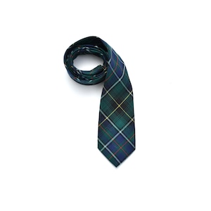 May include: A green, blue, and yellow plaid tie on a white background. The tie is rolled up at the top and has a pointed end. The plaid pattern includes thin red and white lines.