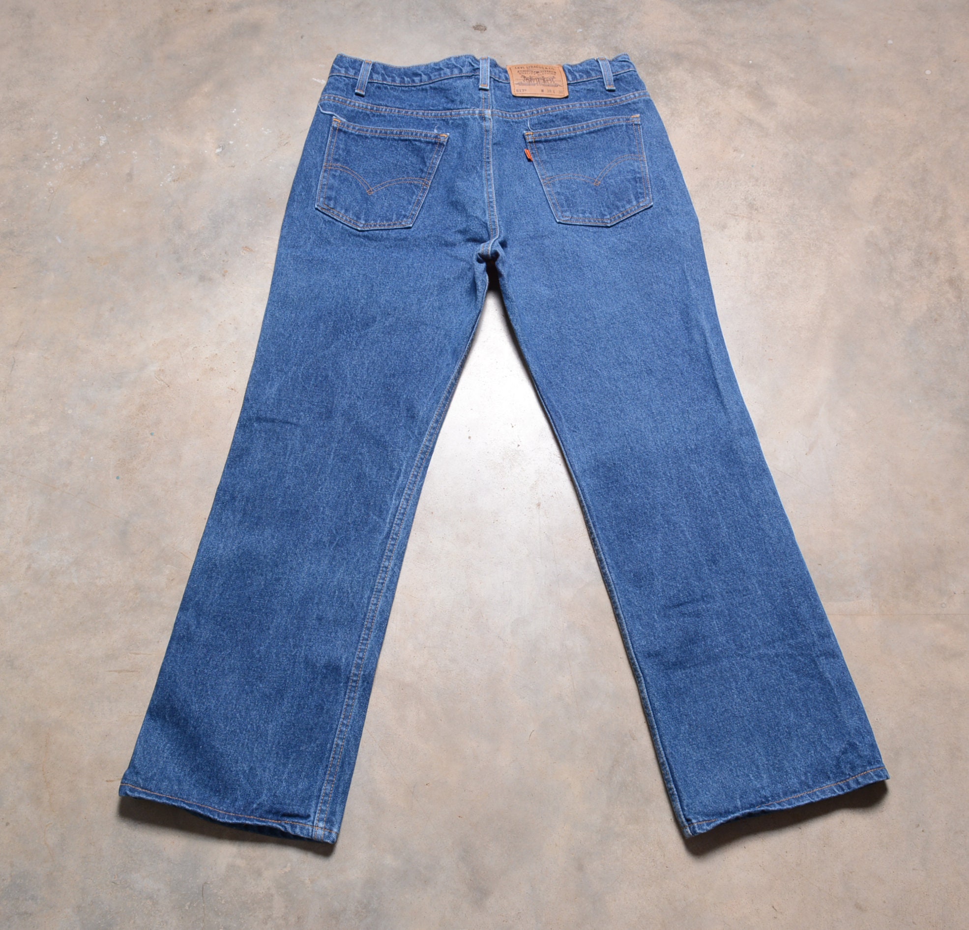 70s 80s usa製 Levis 501 straight denime Vintage 70s 80s Levis 517 Jeans Straight Boot Cut Dark Wash Orange