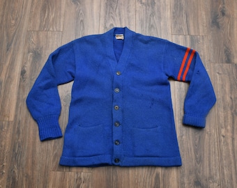 Cardigan stile college vintage anni '50 a righe blu e rosse con scollo a V, modello Princeton Award, taglia M/L.