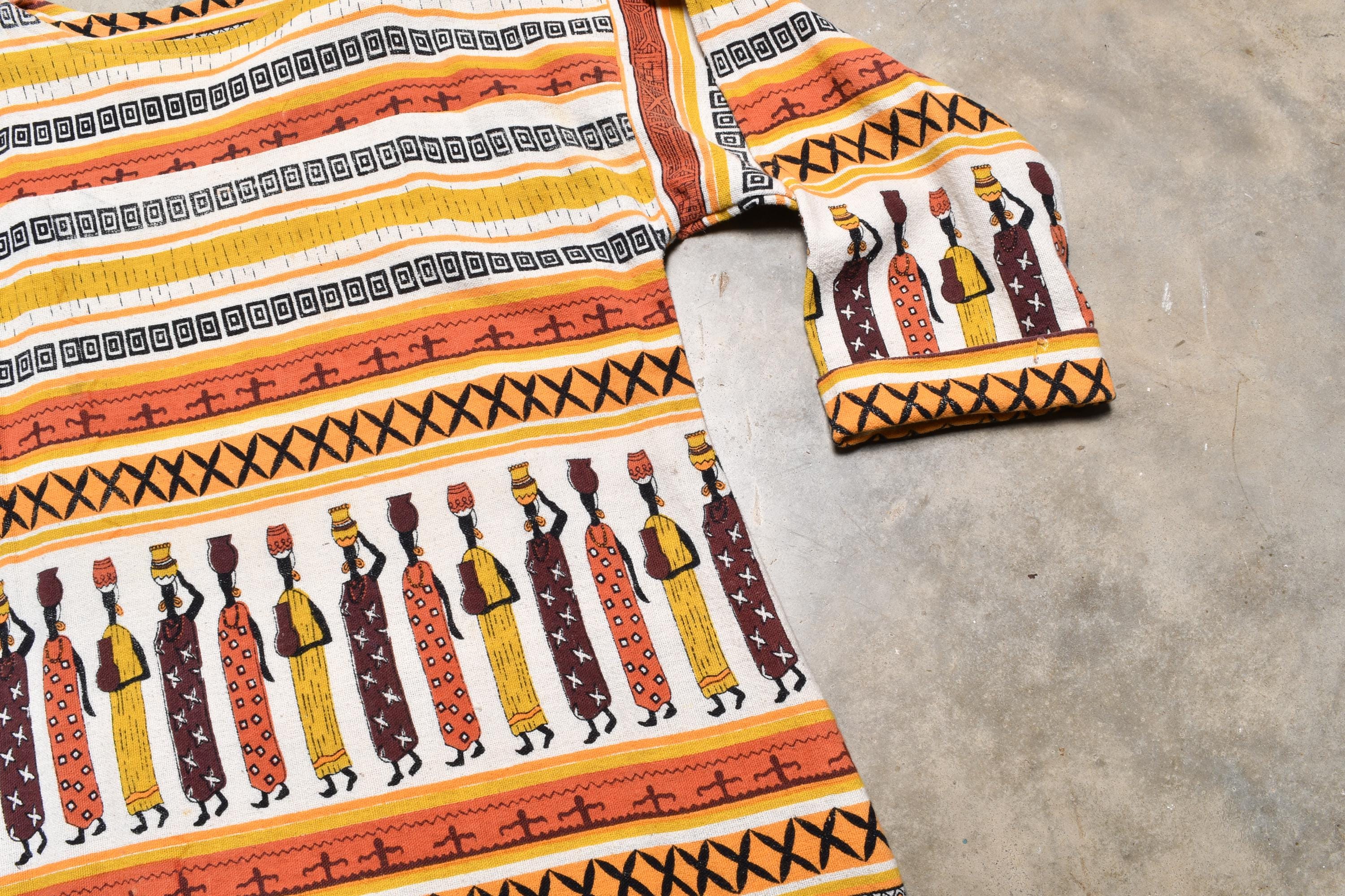 ヴィンテージ 70 年代 アフリカン ドレス ブラック ホワイト オレンジ