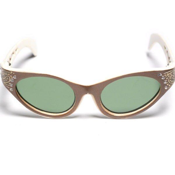 vintage 50s 60s sunglasses copper brown white cat eye rhinestone gold filigree 1950 green tint lens women vintage eyewear