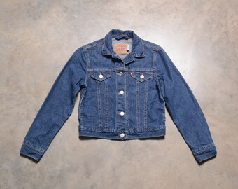 veste en jean vintage des années 90 Levis red tab trucker jean jacket dark wash 1990 garçon fille enfant enfant vêtements jeunesse taille L