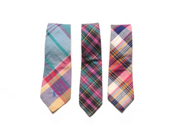 vintage 80s corbata vintage hombres corbata algodón Madras arco iris pastel a cuadros corbata preppy trad 1980 100% algodón Polo Rooster Churchill