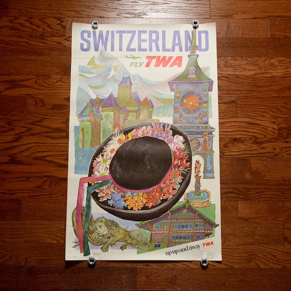vintage 60s Fly TWA Airlines poster Switzerland David Klein art 1960 advertising poster litho USA #1063 40x25 home decor wall hanging Swiss