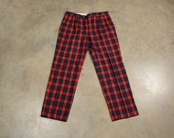 vintage 80s red plaid pants wool flannel trousers 1980 pleat waist menswear trad preppy ivy league Christmas Oakton 37x32 37 waist