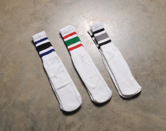 vintage 80s tube socks red green white blue  gray black stripe 1980 athletic sport gym tennis roller derby rollerskate 19&quot; NOS deadstock