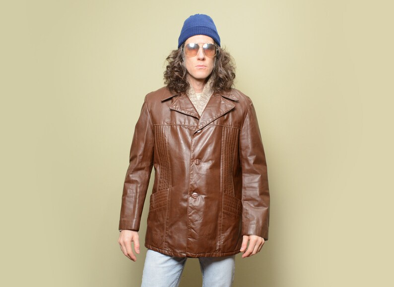 Vintage 70s Leather Jacket Chocolate Brown Faux Fur Lining 1970 Men Menswear 44r 44 L Xl