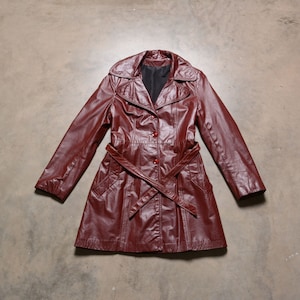 vintage 70s oxblood leather trench coat belt waist 1970 women vtg size 11